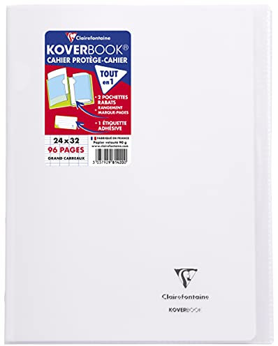 Clairefontaine 981420SC Un Cahier Agrafé Koverbook Incolore - 24x32 cm 96 Pages Grands Carreaux Papier Blanc 90 g - Couverture Polypro