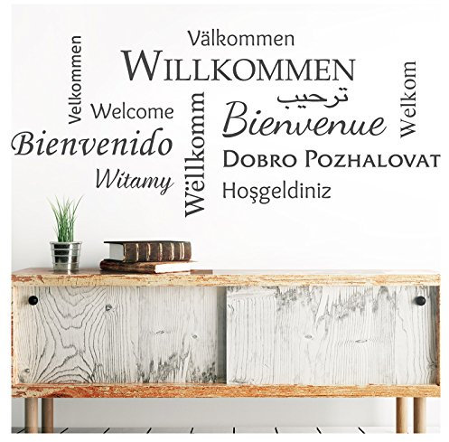 Grandora Wandtattoo Willkommen I schwarz (BXH) 132 x 58 cm I Sprachen international Flur Diele Wohnzimmer Sticker Aufkleber Wandaufkleber Wandsticker W5092