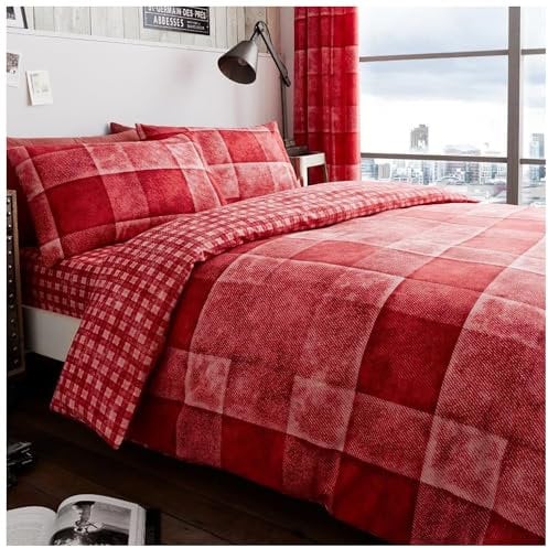 GC GAVENO CAVAILIA Parure de lit de Luxe à Carreaux en Denim avec Housse de Couette et taie d'oreiller-Polyester et Coton, Polycoton, Rouge, Single (135 x 200cm)