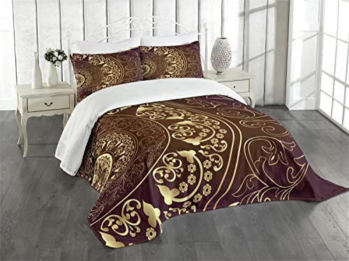 ABAKUHAUS Mandala Tagesdecke Set, Weinlese-ethnischer Asiat, Set mit Kissenbezügen Sommerdecke, für Doppelbetten 264 x 220 cm, Bordeauxrot Gelb