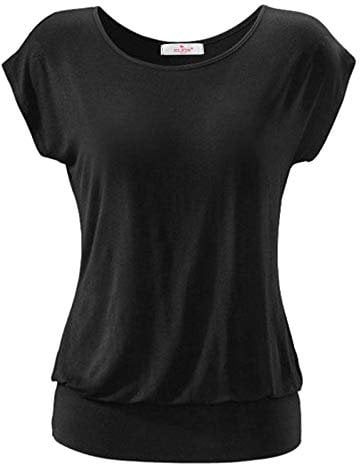 ELFIN Damen T-Shirt Ärmellos Longshirt Kurzarm Lässig Tunika Weite O-Neck Oberteile Sommer Basic Top, schwarz Gr. XL