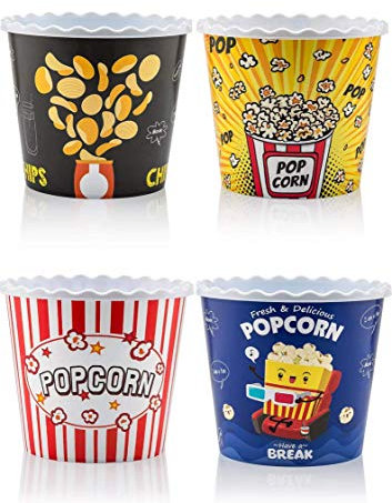 Recipientes de plástico reutilizables de estilo moderno para palomitas de maíz, juego para noche de cine, lavables en el lavavajillas, sin BPA, paquete de 4 (color: amarillo, marrón, rojo/blanco y