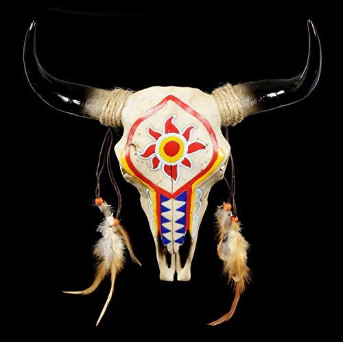 Figuren Shop GmbH Wandrelief Fantasy Stier Schädel - Indianer Look | Gothic Wandskulptur, Western-Deko, Wand-Deko, Deko-Figur, Deko-Artikel, zum Hängen, H 28 cm