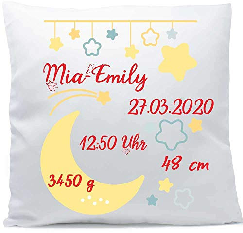 Kissen mit Namen Geburt Geburtsanzeige Mond Sterne Stern 40x40 cm inkl. Füllung Kuschelkissen Geburtskissen Taufkissen, Kissen Farbe:Vorderseite weiß/RS hellblau
