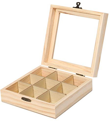Sucute Teekiste aus Holz, 9 Fächer Schmuck Veranstalter Truhe Aufbewahrungsbox Holz Zucker Paketbehälter 15 * 15 * 5cm