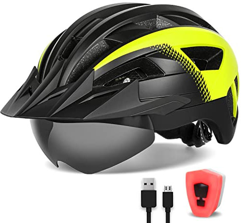 FUNWICT Fahrradhelm mit Visier für Herren Damen, Leichte Fahrradhelm mit Magnetischem Brille und USB-Aufladung LED Licht, Stylisch Mountainbike Helm (L: 57-61 cm, Schwarz Gelb)