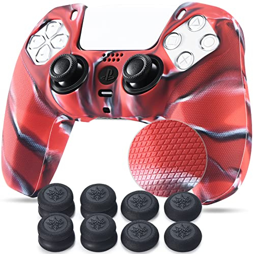 YoRHa Grip Texture Silicone Peau Coques Skin pour Manette PS5 Dualsense x 1 (Rouge) avec Pro Thumb Grips Prises de Pouce x 8