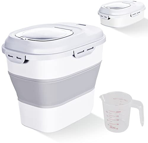 Cereal Rice Food Storage Containers, Collapsible 20 to 50 Lbs Dispenser Bin with Rolling Wheel Airtight Locking Lid, Dog Pet Cat Flour Sugar Plastic Leakproof Sealable Large Kitchen Pantry Holder