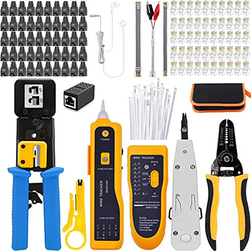 MAYLINEE - Juego de Herramientas Crimpadora para RJ11/RJ12/RJ45 Alicates de Corte Pasante, Cortador de Comprobador Cable de Red para CAT5/CAT7/CAT6, Kit Pelacables con 50 Conectores(Negro)