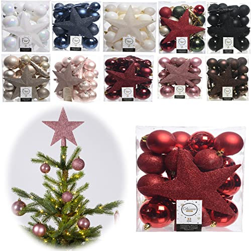LS-LebenStil 33 Christbaumkugeln Set Rot Weihnachtsrot mit Spitze Ø 5cm 6cm 8cm Stern Zapfen Christbaumschmuck Weihnachtsdeko Kunststoff, bruchsicher bruchfest Matt - Glänzend - Funkelnd/Frosted