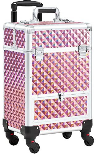 Yaheetech Professional Makeup Case Beauty Trolley Hairdressing Case on Wheels Vanity Case with Drawer Pink/Silver