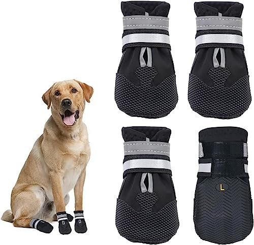 REESTBOO Hundeschuhe, 4 Stück Hundepfotenschutz Hundestiefel mit Anti-Rutsch Sohle, Reflektierendem Riemen, Klettverschluss, Hundeschnee Stiefel Pfotenschutz für mittlere und große Hunde, Schwarz (L)