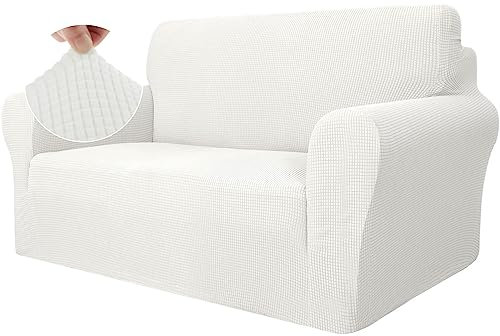 Ystyle Stretch Sofa überzug 2 Sitzer, Elastisch Sofabezug Mit Armlehnen, Jacquard Couch überzug rutschfest, Waschbar Sofa Cover Protector Für Hunde Haustiere, Weiß
