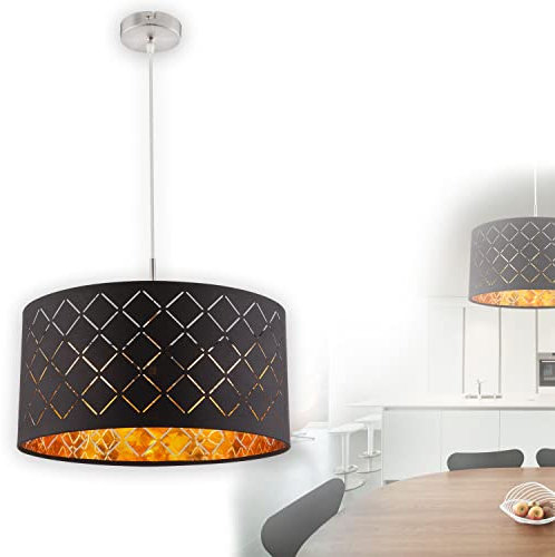 bmf-versand® Hängelampe Wohnzimmer LED Textil Schwarz Gold - Pendelleuchte Esstisch Stoffschirm - Hängeleuchte Esszimmer Küche - Pendellampe 40 cm Schlafzimmer
