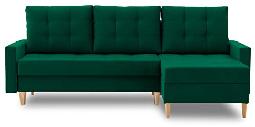 Ecksofa Lena 227x148 mit schlaffunktion und Bettaksen - Klassisch Design - Eckcouch mit Stauraum - Auffälliger Kronos Stoff - Kissen - Holzfüße - Auswahl an Farben (Kronos 19 RECHTS)