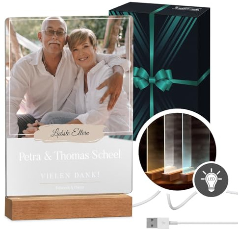 Maverton beleuchteter LED-Fotoaufsteller, Glasbild mit LED-Beleuchtung | Personalisiertes LED-Acrylglas mit eigenem Foto für Paare, Glasbild zur Hochzeit zum Valentinstag, Größe: 21x32x4,5cm