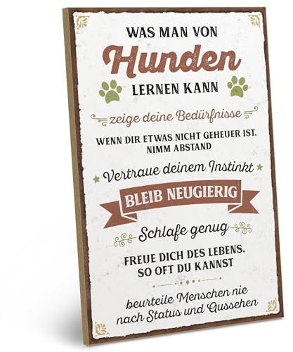 ARTFAVES® Wandbild Holzschild mit Spruch - Was man von Hunden lernen kann - Türschild Retro Vintage Deko Bild Geschenk - Hund