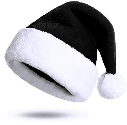 KONVINIT Schwarz Weihnachtsmütze für Kinder, Plüsch Nikolausmütze für Kinder Nikolaus mützen Santa Claus Mütze mit weißem Plüschband und Pompon,schwarz