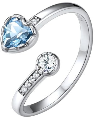 Silvora 2mm breit Damen Aquamarin Fingerring 925 Silber Verstellbarer Offener Herz Zirkonia Verlobungsring Ehering Trauring Ringgröße 52 (16.5)-62 (20) für Damen Frauen Mädchen