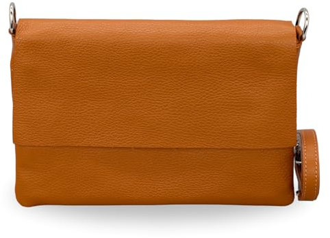 BRISE Umhängetasche Damen Echtes Leder ELISA Handgemachte Handtasche Kleine Schlanke Tasche 3 Fächer Crossbody Bag mit Ledergurt Schultertasche Made in Italy (Cognac Braun-1)