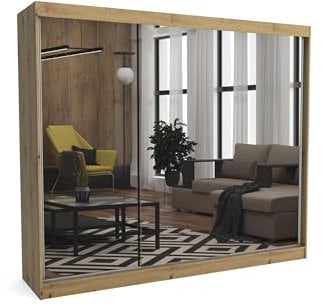 Brent - Kleiderschrank mit Spiegel Dave, 250cm Breit, Schlafzimmerschrank mit 1 Kleiderstange und Einlegeböden für Kleidung, Kleiderschrank Artisan Eiche