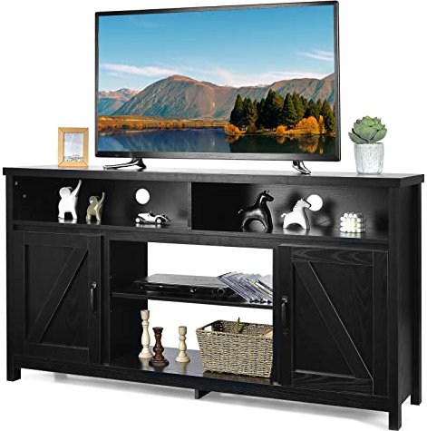 COSTWAY TV Stand for TVs up to 65, Wooden TV Cabinet Media Entertainment Center with Barn Doors and Adjustable Shelves, Living Room Bedroom TV Unit Console Table for 25 Electric Fireplace (Black)