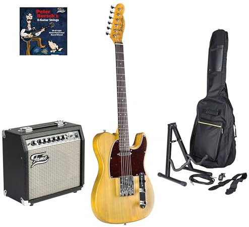 J & D E-Gitarren Anfänger Set, Ash Blonde T-Style, Esche Korpus, Ahorn Hals, Ceramic Single Coil Tonabnehmer, Gelb Blonde Finish, inklusive GX 15 Combo Verstärker