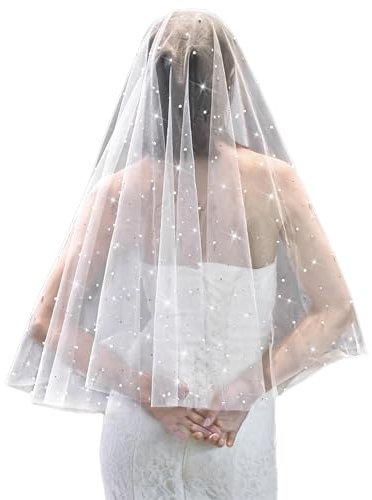 YAEISM Brautschleier mit Strasssteinen, 1 Ebene, glitzernder Tüll, Fingerspitze, Strass, Schleier, Glitzer, Hochzeitsschleier mit Kamm, weißer Junggesellinnenabschieder für die Braut, Weiss/opulenter