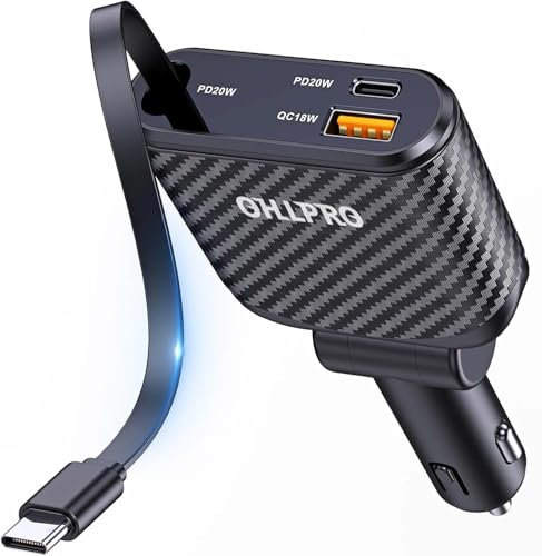OHLPRO Einziehbares Autoladegerät 3in1, 58W USB C Handy Schnellladegerät Zigarettenanzünder Stecker Adapter mit 80cm Retractable Ladekabel und 2 USB-Ports Charger für iPhone 15 14 13 Pro,Max, iPad