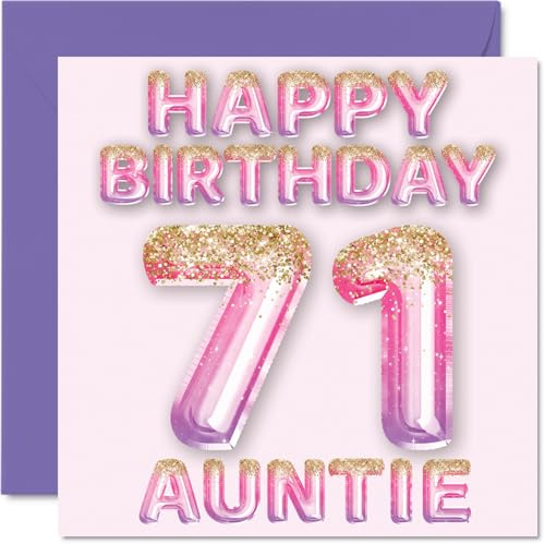71st Birthday Card for Auntie, Pink & Purple Glitter Balloons | Happy Birthday Cards for 71 Year Old Aunt Aunty from Nephew Niece, 145mm Bday Greeting Cards Gift
