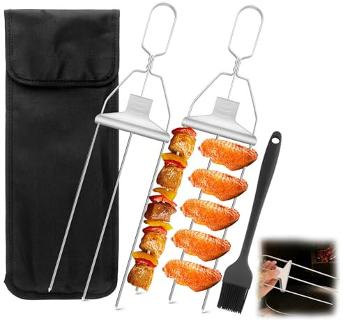 Audasi 2 Stück 3-Wege-Grillspieße Halbautomatische Grillgabel Aus Edelstahl Wiederverwendbare Metall Grill Spieße mit Schieberegler Mit Aufbewahrungstasche und Silikonbürste für Fleisch und Gemüse