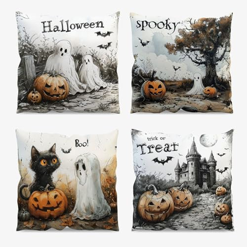 AIBIIN Halloween-Kissenbezüge, 45 x 45 cm, 4 Stück, Kürbis-Geist, schwarze Katze, Fledermaus-Schloss, Süßes oder Saures, Leinen-Kissenbezüge für Zuhause, Couch, Wohnzimmer, Büro, Ladendekoration