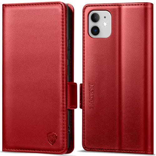 CASBST Handyhülle für iPhone 12/iPhone 12 Pro Hülle Premium Leder Schutzhülle Klappbar mit Kartenfach Ständer Magnet für iPhone 12 Pro Handytasche mit RFID Flip Case Klapphülle für iPhone 12 Rot