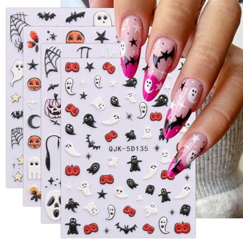 JMEOWIO 3D Embossed Halloween Nail Art Stickers Decals Self-Adhesive 5D Cute Star Ghost Nail Supplies Nail Art Design Decoration Accessories 4 Sheets