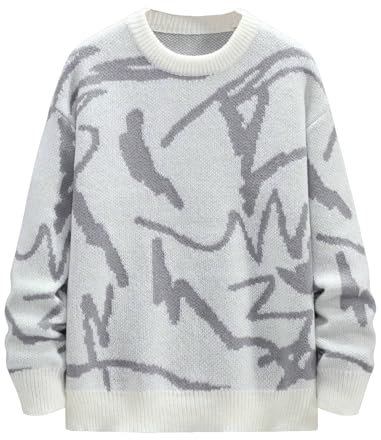 ZAFUL Übergroßer Herren-Pullover, langärmelig, Rundhalsausschnitt, Y2K-Grafik, Farbblock, lässiger Strickpullover, 3-Weiß Grau, Klein