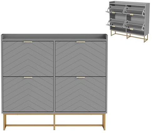 UEV Schuhschrank mit 4 Klappen,100x24,2x91cm,Schuhkipper Schmal,Schuhkommode Flur Wohnzimmer Eingangsbereich,Schuhaufbewahrung mit Kippschutz,Trennwände verstellbar für Verschiedene Schuhtypen,grau