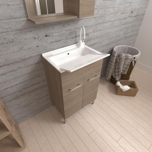 Savinidue Mobile lavatoio 2 ANTE 50 cm Rovere Fumo con Vasca e asse lavapanni Pratico