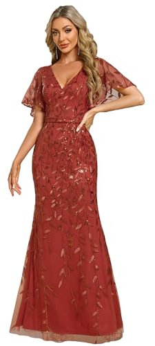 Ever-Pretty Women's Elegant Mermaid Ruffle Sleeve V Neck Shiny Maxi Bridesmaid Dresses Burnt Orange 12UK