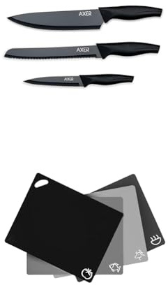 Axer Küchen Messerset Schwarz 3 Stk. with Schneidebrett Kunststoff Flexibel 4 Stk. - Schneidebrett Spülmaschinenfest and Scharfe Messer Set Küche