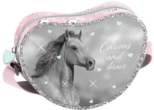 Ragusa-Trade Pferde Fan Mädchen Kinder - Handtasche Schultertasche Umhängetasche, grau/rosa, 18 x 13 x 4 cm