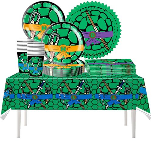 61 Stück Teenage Mutant Ninja Turtles Partygeschirr, Teenage Mutant Ninja Turtles Theme Party Set, Set enthält Teller, Tassen, Servietten, Tischdecken,Baby-Duschen, Geburtstagsfeiern, (20 Gäste)