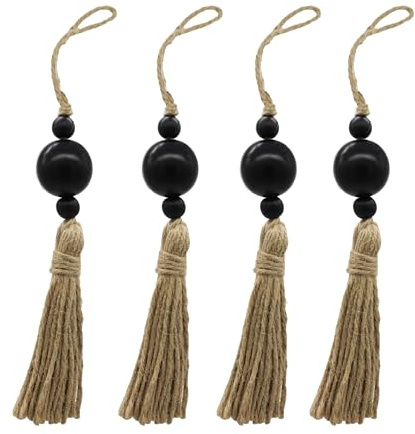 VKSG 4PCS Farmhouse Decor Wooden Bead with Tassels Rustic Boho Minimalist Home Accent Country Decoration Beads for Door Knob Wall Hanging Living Room Shelf Decor, Black