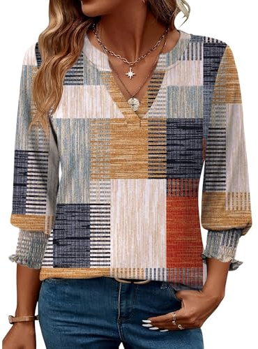 Rapbin Ladies Blouses 3/4 Length Sleeve Elegant V-Neck Summer Casual Tunic Tops for Women Business Shirts (20-22, Dark Plaid)