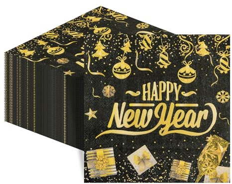 40 Stück Silvester Servietten,Happy New Year Servietten 33 x 33 cm, Schwarz Gold Silvester Deko 2026 Papierservietten Tischdeko für Hochzeit,Neujahr Party Dekoration