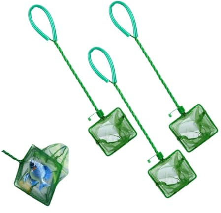 3PCS HYMC Small Fish Net for Fish Tank,Fine Mesh Fish Tank Net with 25cm Long Handle,Green Square Aquarium Fish Net for Catching Small Fishes/Shrimps & Cleaning Debris