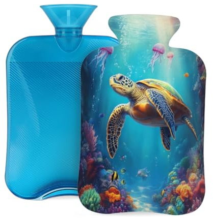 Colorful Sea Turtle Jellyfish Hot Water Bottle with Cover, 2L PVC Hot Water Bag for Pain Relief, Hand Foot Warmer, Hot & Cold Therapy with Removable Cover, Gift for Women Kids Family