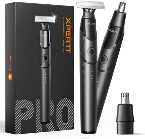 Trimcoo Electric Shaver for Men, 2-in-1 Nose and Body Hair Trimmer with Magnetic Heads, Portable Groin & Pubic Hair Razor with Type-C Fast Charge, IPX6 Waterproof for Travel Grooming, Black (Solo)