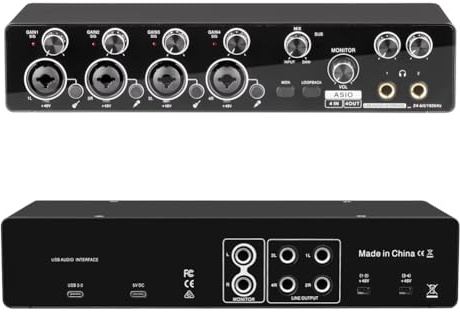 PokFhgur For Studio and Live Recording Compatible 4 Channel USB Audio Interface Sound Card Featuring Mic Preamplifier Support for ASIO