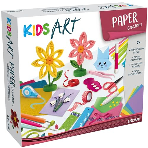 Lisciani - Kids Art Paper Creations - Kreativset Papier für Kinder von 7 bis 12 Jahren - Bastelaktivität Papier & Quilling - 20 farbige Blätter, Washi-Tape, Schere & Kleber - Kreativität & Feinmotorik