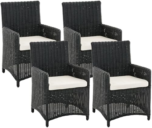 CLP Gartenstuhl 4er Set Fontana, Polyrattan Gartenstühle, Hochlehner mit Sitzkissen, Wetterfeste Garten-Sessel mit Armlehnen, Outdoor Stuhlset, Farbe:schwarz, Polsterfarbe:Cremeweiß